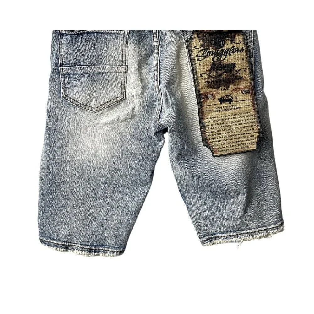 Smuggler's Moon Mens Sz 28 Biker Moto Distressed Ripped Light Wash‎ Jean Shorts
